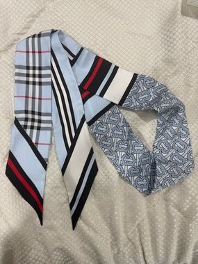 Burberry Light Blue Monogram & Stripe Silk Twilly
